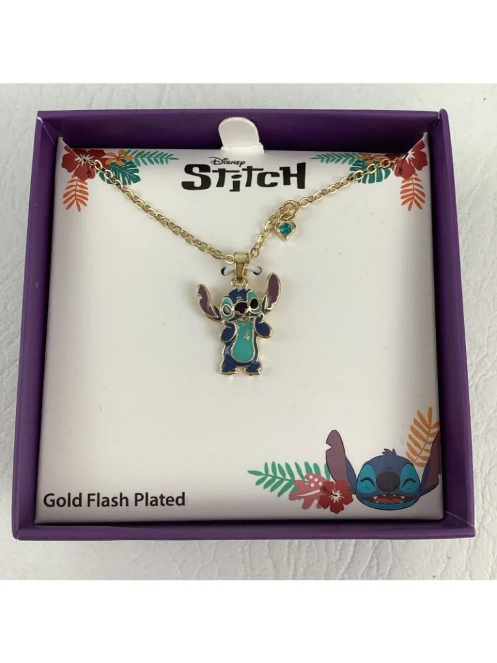 Disney Lilo & Stitch Gold Flash Plated Enamel Pendant Necklace Blue Crystal NIB - Picture 2 of 6